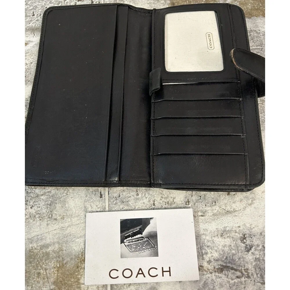 Vintage Coach Black Leather Continental Bifold Wallet KISS-lock Coin Pouch